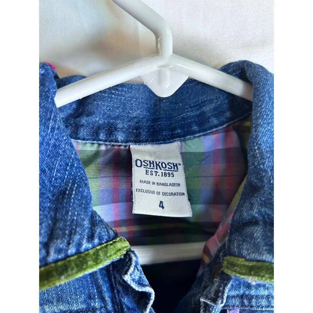 OshKosh Denim Dress 4 Blue Floral Embroidered Velvet Trim Ruffle Kids